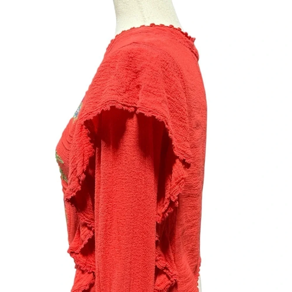 Free People The Amy Red Floral Embroidered Top Long Sleeve Sz XS Boho Ruffles